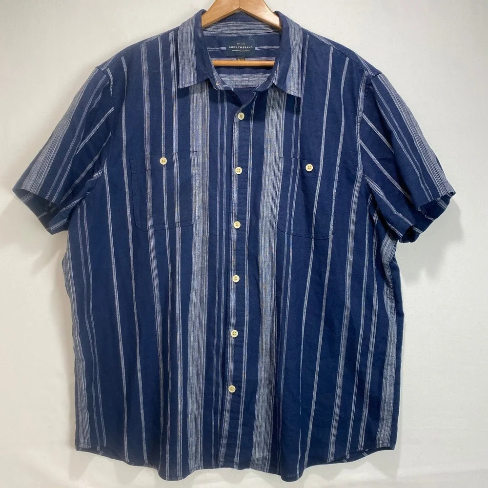 Lucky Brand Linen Blend Stripe Short Sleeve Button Up Mens XL Navy White Shirt - Picture 2 of 9